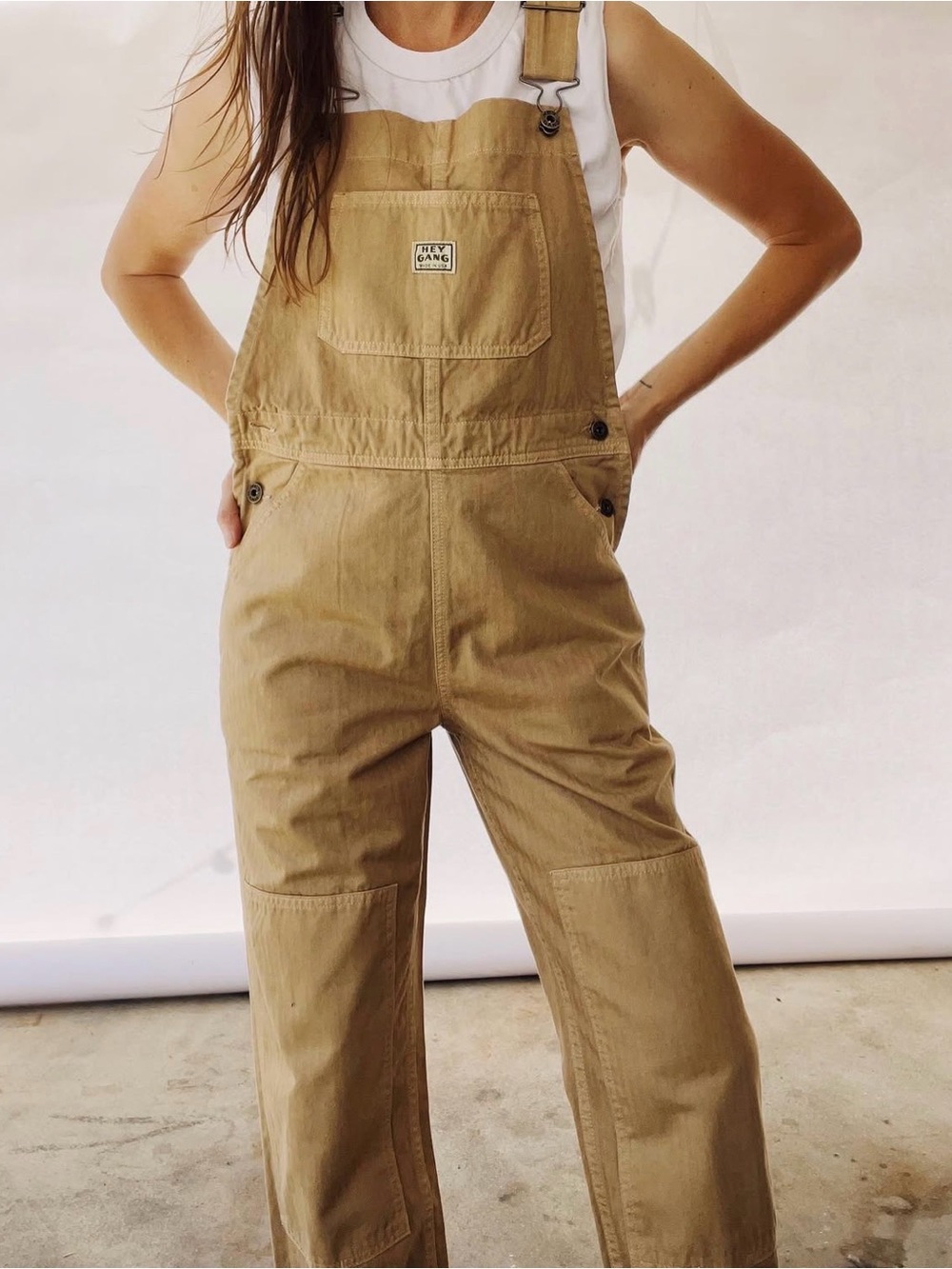 Hey Gang Knee Patch Overalls in Herringbone Khaki 00